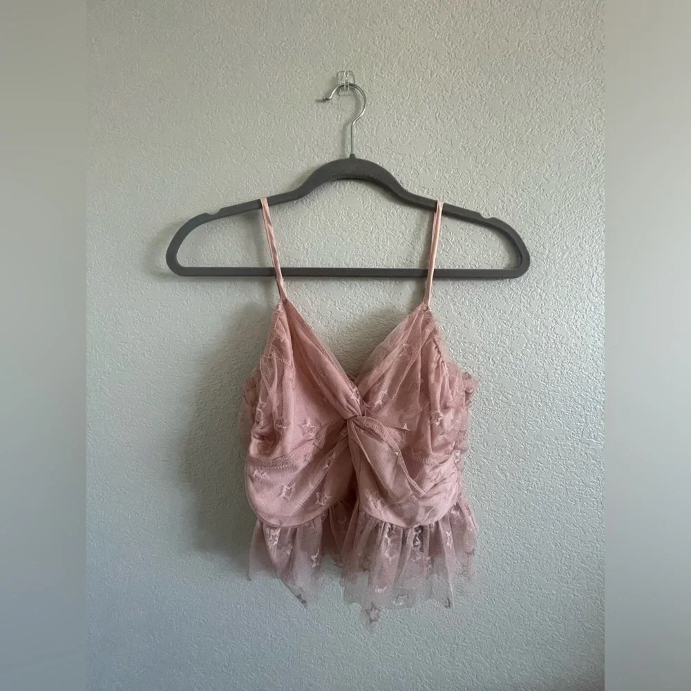 Pink Lily Moving To The Beat Blush Star Applique Twist Front Tulle Tank